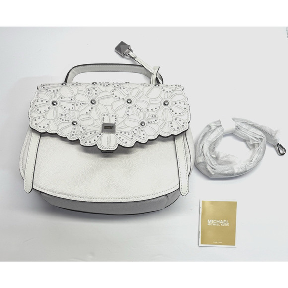 Michael Kors Cassie Large Satchel Leather Handbag Optic White Floral Cutout New - Picture 13 of 14